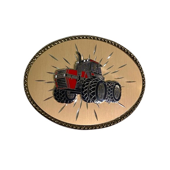Vintage One International Harvester Case Tractor Enameled Belt Buckle Gold Tone - Picture 2 of 10